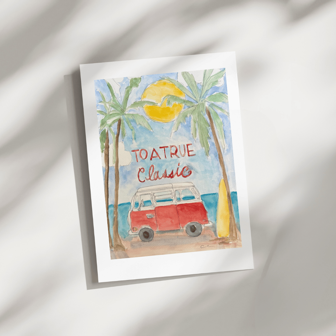 A watercolor art print featuring a red classic van on a beach with palm trees, a yellow sun, and the text 'TOATRUE Classic', displayed on a white surface with soft shadow overlays.