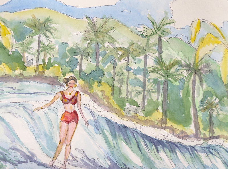 Illustration of a woman in a red swimsuit surfing on a wave  with palm trees and mountains in the background.