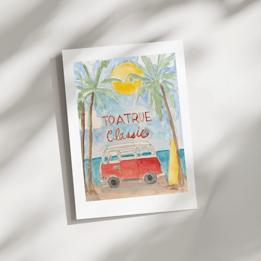 A watercolor art print featuring a red classic van on a beach with palm trees, a yellow sun, and the text 'TOATRUE Classic', displayed on a white surface with soft shadow overlays.